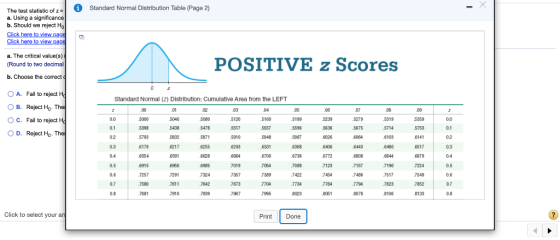 i Standard Normal Distribution Table (Page 2) The test statistic of 2 = a. Using a significance b. Should we reject Hol Click