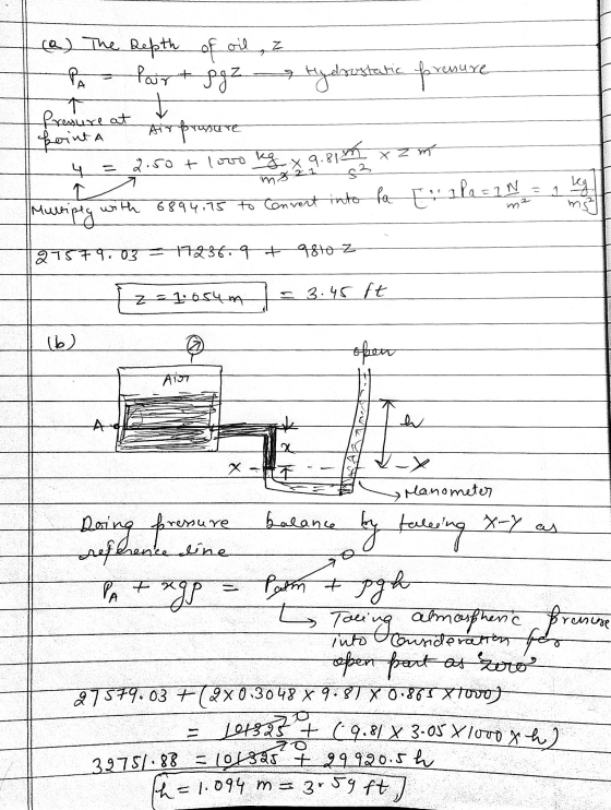 (a) The depth of oil , z PA Pair + ggz ㅋ Hydro bostatic presure frasure at point A Air pressure 2.50 + lovo Kg.x.9.81 im xz m