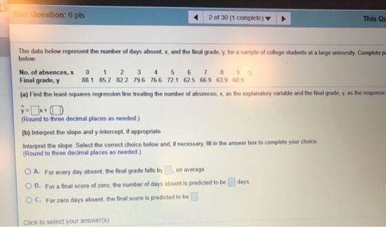 Thus Question: 6 pts 2 of 30 (1 complete) This Qu The data below represent the number of days absent, x, and the final grade,