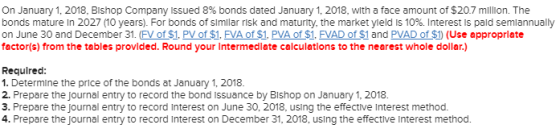 On January 1, 2018, Blshop Company Issued 8 % bonds dated January 1, 2018, with a face amount of $20.7 million. The bonds mat