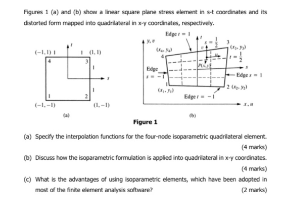 Figures 1 (a) and (b) show a linear square plane stress element in st coordinates and its distorted form mapped into quadrila