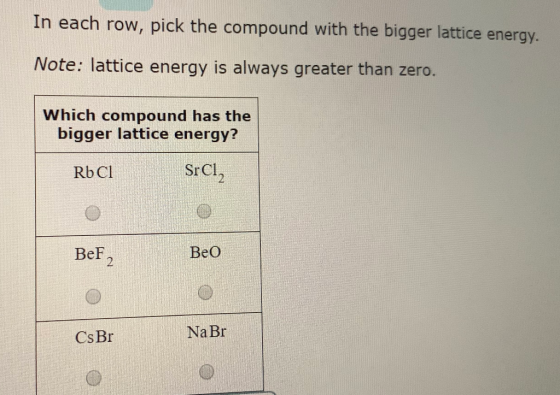 In each row, pick the compound with the bigger lattice energy. Note: lattice energy is always greater than zero. Which compou