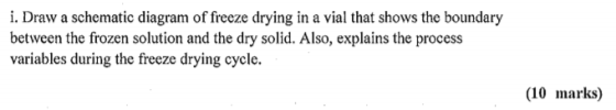 i. Draw a schematic diagram of freeze drying in a vial that shows the boundary between the frozen solution and the dry solid.