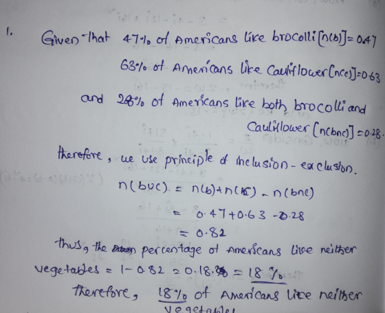 1. Given That 474) of Americans like brocolli[n[1]]= 047 63% of Amenicons like Cauliflower Cnces]=0.63 and 28% of Americans l