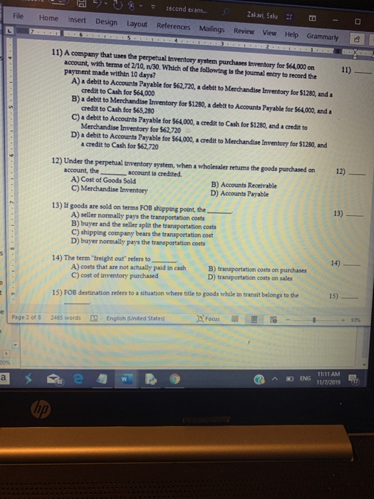 H File Home U Design B Layout Insert second exam. References Mailings Zakari, Salu Review View 3 - Help Grammarly 0 11) 11)