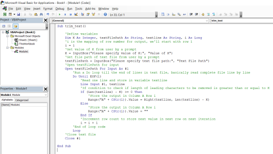 Microsoft Visual Basic for Applications - Book1 - [Module 1 (Code)] Eile Edit View Insert Format Debug Run Tools Add-Ins Wind