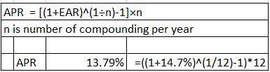APR = [(1+EAR)^(1:n)-1]xn n is number of compounding per year APR 13.79% =((1+14.7%)^(1/12)-1)*12