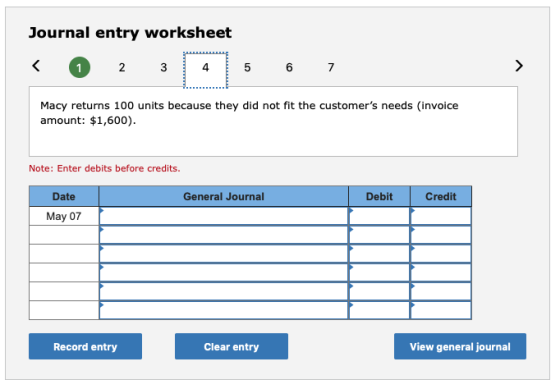 Journal entry worksheet < 1 2 3 4 5 6 7 Macy returns 100 units because they did not fit the customers needs (invoice amount: