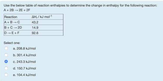 Use the below table of reaction enthalpies to determine the change in enthalpy for the following reaction: A + 2B → 2E + 2F R