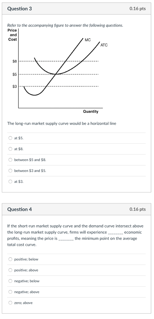 Question3 0.16 pts Refer to the accompanying figure to answer the following questions. Price and Cost MC ATC $8 $5 $3 Quantity The long-run market supply curve would be a horizontal line O at $5 Oat $8 O between $5 and $8. between $3 and $5. O at $3. Question 4 0.16 pts If the short-run market supply curve and the demand curve intersect above the long-run market supply curve, firms will experience profits, meaning the price is total cost curve economic the minimum point on the average positive; below O positive; above O negative; below O negative; above zero; above