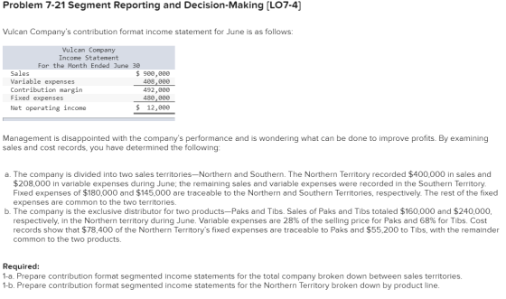 Problem 7-21 Segment Reporting and Decision-Making (L07-4] Vulcan Companys contribution format income statement for June is