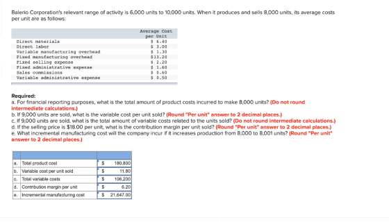 Balerio Corporations relevant range of activity is 6,000 units to 10,000 units. When it produces and sells 8,000 units, its