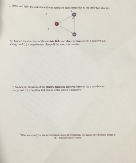 L. Draw and label the individual forces acting on each charge due to the other two charges. 3: M. Sketch the direction of the electric field and electric force on (a) a positive test charge and (b) a negative test charge if the source is positive. N. Sketch the direction of the electric field and electric force on (a) a positive test charge and (b) a negative test charge if the source is negative. Whether or not you can never become great at something, you can always become better at it. -Neil deGrasse Tyson