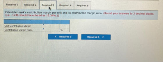Required 1 Required 2 Required 3 Required 4 Required S Calculate Hawks contribution margin per unit and its contribution mar