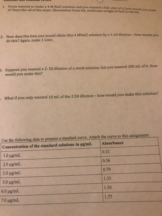 1. Ifyou wanted to make a 4 M NaCl solution and you wanted a full Liter of it, how would you make it? Describe all of the ste