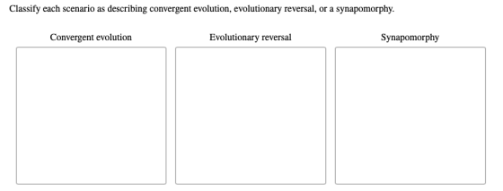 Classify each scenario as describing convergent evolution, evolutionary reversal, or a synapomorphy. Convergent evolution Evo