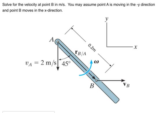 Solve for the velocity at point B in m/s. You may assume point A is moving in the -y direction and point B moves in the x-dir