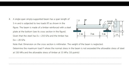 4. A single-span simply-supported beam has a span length of 5 m and is subjected to two loads (P) as shown in the figure. The