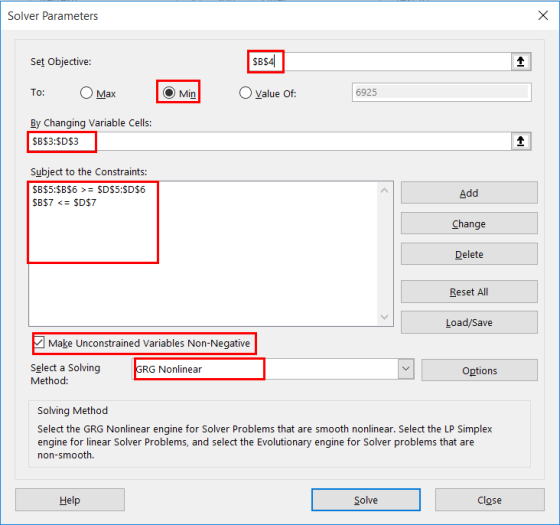 Solver Parameters X Set Objective: $B$41 1 To: Max O Min Value Of: 6925 By Changing Variable Cells: $B$3:$D$3 1 Subject to th