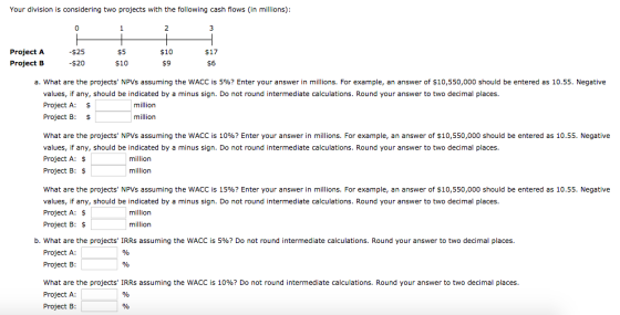Your division is considering two projects with the following cash flows (in millions): 1 2 3 $17 Project A Project B -$25 -$2