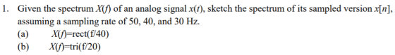 1. Given the spectrum X(f) of an analog signal x(t), sketch the spectrum of its sampled version x[n], assuming a sampling rat