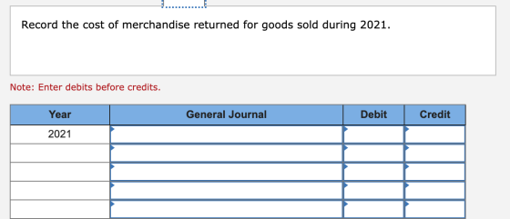 ......... Record the cost of merchandise returned for goods sold during 2021. Note: Enter debits before credits. Year General