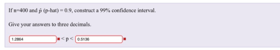If n-400 and p (p-hat)-09, construct a 99% confidence interval. Give your answers to three decimals. 1.2864 *p0.5136