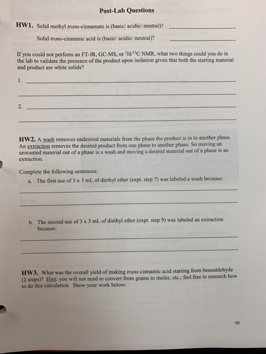 Post-Lab Questions HW1. Solid methyl trans-cinnamate is (basic/ acidic/ neutral)? Solid trans-cinnamic acid is (basic/ acidic
