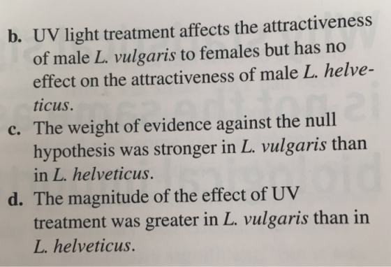 b. UV light treatment affects the attractiveness of male L. vulgaris to females but has no effect on the attractiveness of male L. helve- ticus The weight of evidence against the null hypothesis was stronger in L. vulgaris than in L. helveticus. c. d. The magnitude of the effect of UV treatment was greater in L. vulgaris than in L. helveticus.