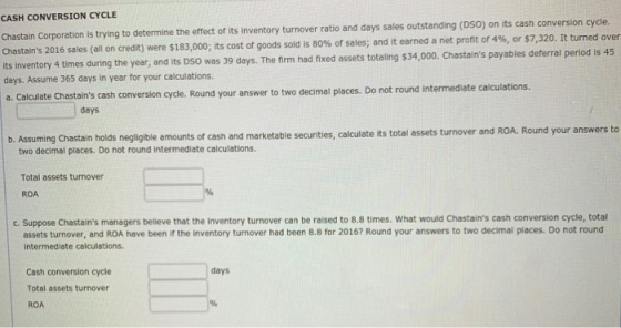 CASH CONVERSION CYCLE Chastain Corporation is trying to determine the effect of its inventory turnover ratio and days sales o