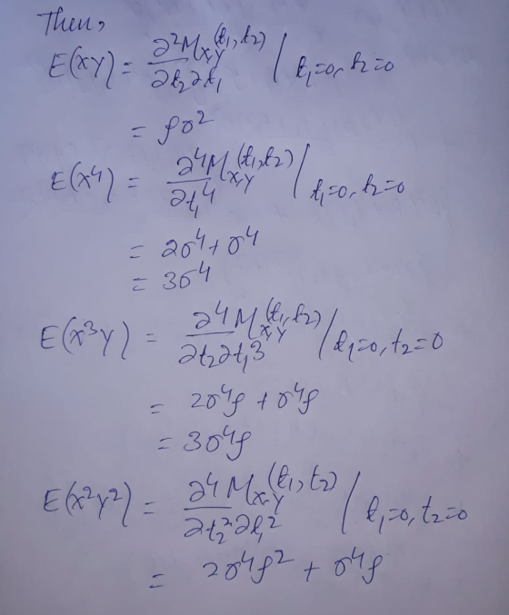 Then, ho 61, 627 23Mxy E(XY) = 2lgad le,con 2440 ha) -go2 E(44) = ati forto = 204+04 : 364 E (x3y) 24 M 4 1/220, 12 = 0 - at2