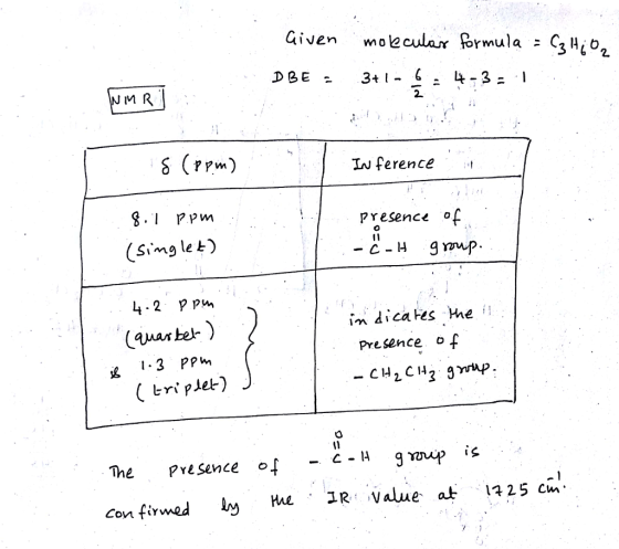 Given moecularformula:GA DBE = 3-1 4-3:1 IM R 2. IN ference presenci o (Simg let) ir 4.2 P p auar bel in dicakes he i Presence g1-3 PPm ( tri pJet) The PYesence of 3