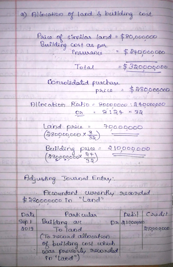 a) Allocation of land & building cost Price of similar Land = $80,000,000 Building cost as per o insurance 2 $240,000 OBO Tot