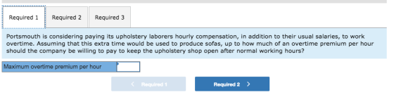 Required 1 Required 2 Required 3 Portsmouth is considering paying its upholstery laborers hourly compensation, in addition to