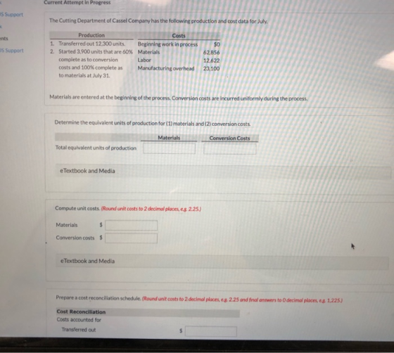 Current Attempt in Progress 5 Support The Cutting Department of Cassel Company has the following production and cost data for