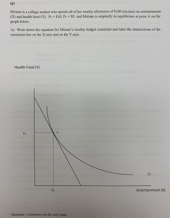 Q1 Miriam is a college student who spends all of her weekly allowance of S100 (income) on entertainment (X) and health food (