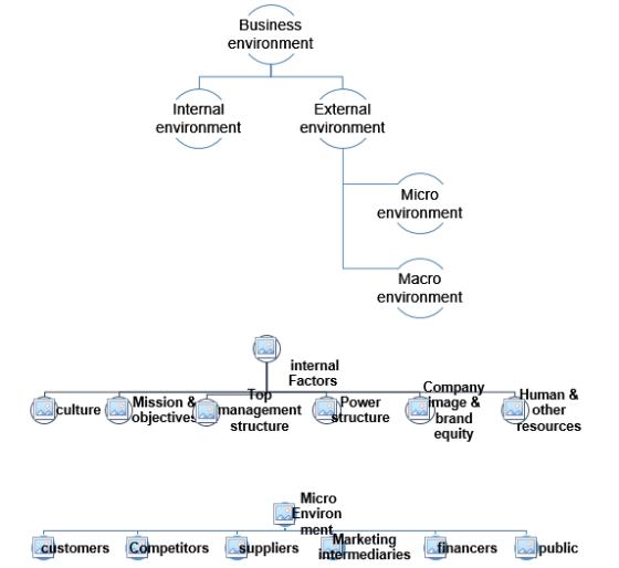BusinesS environment Internal environment External environment Micro environment Macro environment internal Factors re mage & brand Human & other ission culture bjectiveamanagement structure esources equity Micro nviron rketing tomers Competitors Suppliers intermediaries financers public