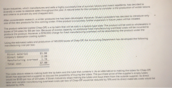 Silven Industries, which manufactures and sells a highly successful line of summer lotions and insect repellents, has decided