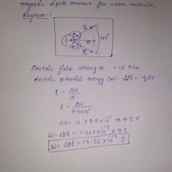 for water molecule, magnetic dipole moment diagram- 104 Electric field strongth = 10 N/m electric potential energy (W) = -APE