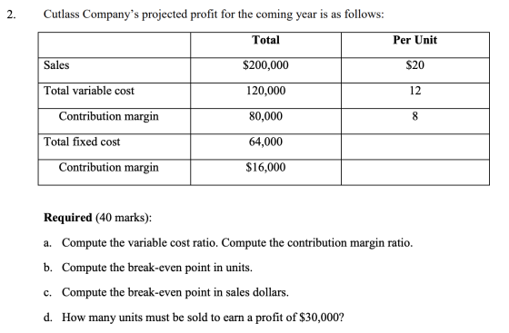 2. Cutlass Companys projected profit for the coming year is as follows: Total Per Unit Sales Total variable cost $200,000 |