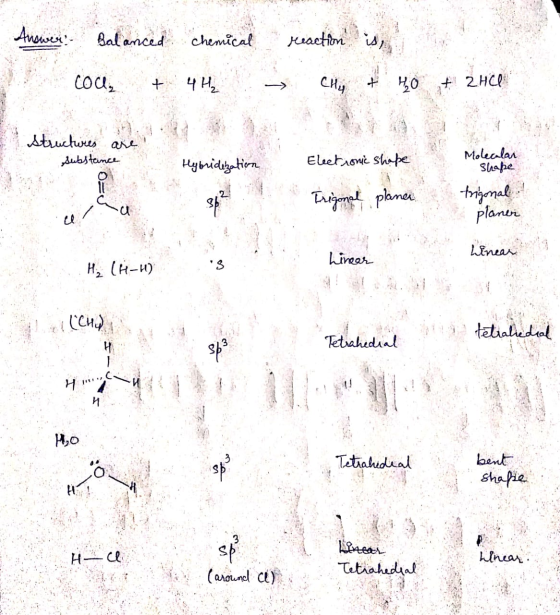 Answer Balanced cou, + chemical 4H2 reaction is, CHin + 40 + 2HCl - Structures are substance 2 Hybridization Electronic shape