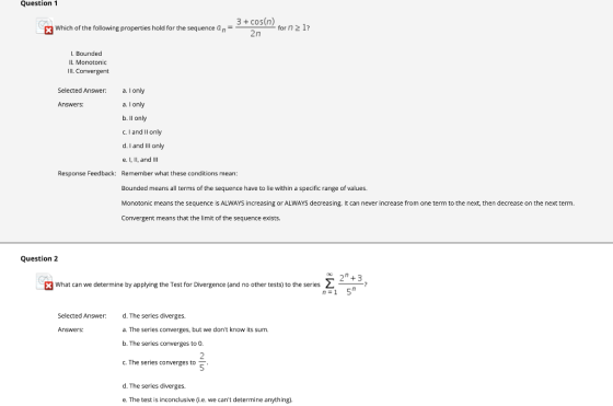 Question 1 3+cos(n) 2n X Which of the following properties hold for the sequence an for n 2 1? l. Bounded Il. Monotonic IIl.