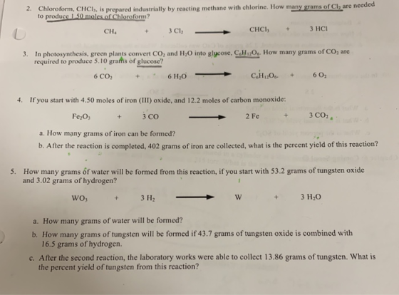Chloroform, CHCI, is prepared industrially by reacting methane with chlorine. How many grams of Cl2 are needed to produce 1.5