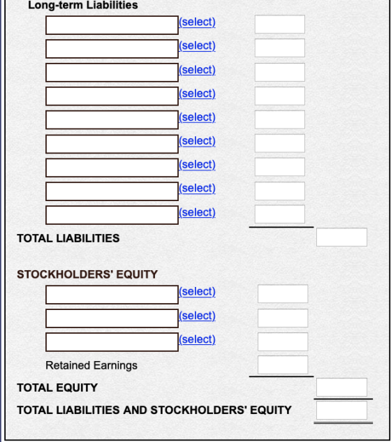 Long-term Liabilities (select) (select) (select) (select) (select) (select) (select) (select) (select) TOTAL LIABILITIES STOC