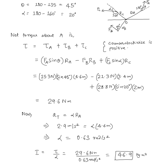 180 - 135 = 45° ho ا ے) 1359 2= 180 - 160° = 20° Rc RA 160° NB Net torque about a is, 다 = TA + TB tła counterclockwise is pos