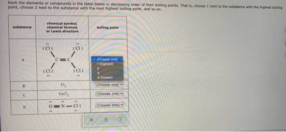 Rank the elements or compounds in the table below in decreasing order of their boiling points. That is, choose 1 next to the