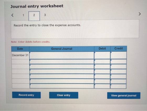 Journal entry worksheet < 1 N 3 Record the entry to close the expense accounts. Note: Enter debits before credits. Date Gener