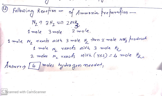 (1:2) 2NH2 1 mole 3 mole following Reaction - of Ammonia preparation — N2 + 3H₂ 200 2. mole 1 mole Ne reacts with 3 mole H₂ t