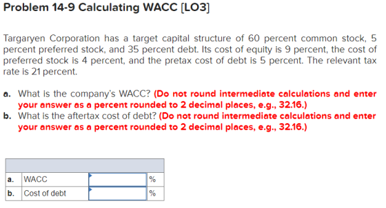 Problem 14-9 Calculating WACC (LO3] Targaryen Corporation has a target capital structure of 60 percent common stock, 5 percen