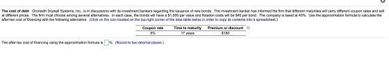 The cost of debt Gronseth Drywall Systems, Inc., is in discussions with its investment bankers regarding the issuance of new